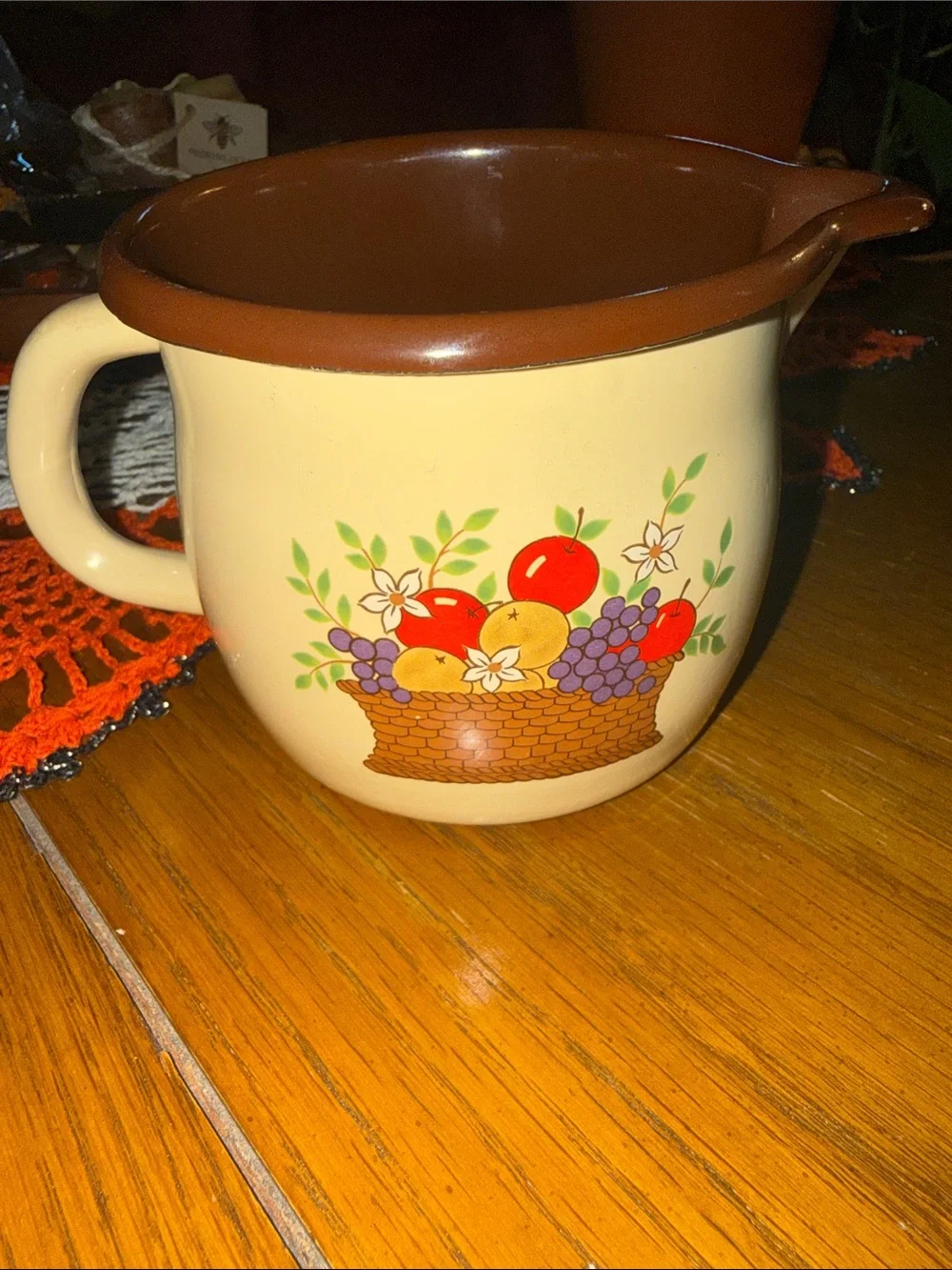 Vintage 1986 FTDA Fruit Basket Pitcher Cream Enamelware Country Kitchen